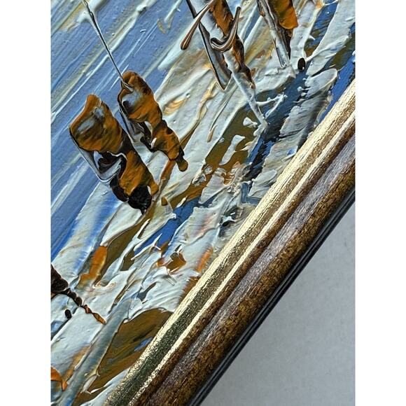 Framed Oil Painting Nautical Boats Impasto Framed Unsigned Docks Mooring Sea Sky - Picture 4 of 16